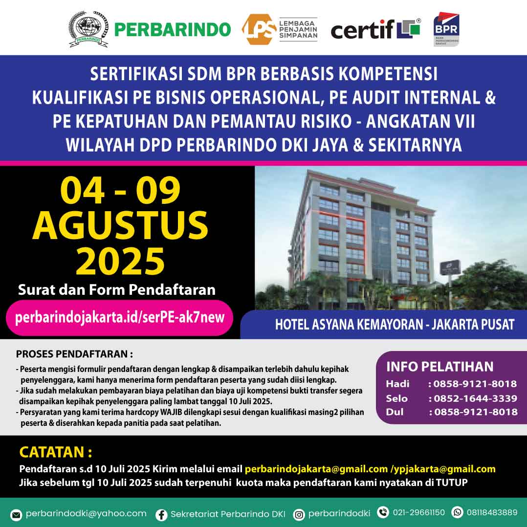 Pelatihan Sertifikasi SDM BPR Berbasis Kompetensi Kerja PE Bisnis Operasional & PE Kepatuhan dan Pemantau Risiko
