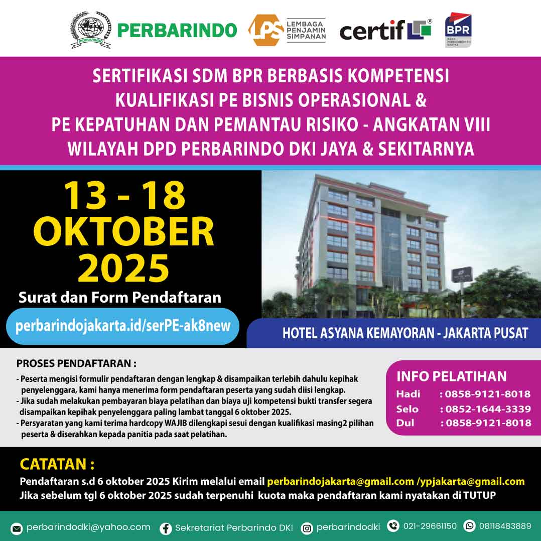 Pelatihan Sertifikasi SDM BPR Berbasis Kompetensi Kerja PE Bisnis Operasional & PE Kepatuhan dan Pemantau Risiko